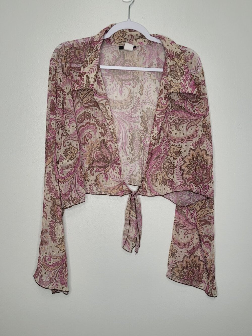 Y2k Studio 1940 pink brown semi sheer tie front plus size boho witchy top 24